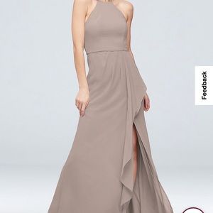 David’s Bridal Bridesmaids High Neck Chiffon Dress in color BISCOTTI